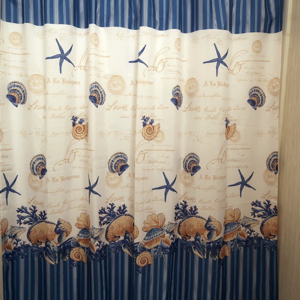 Caribbean Joe Tropical Shells and Stripes Fabric Shower Curtain